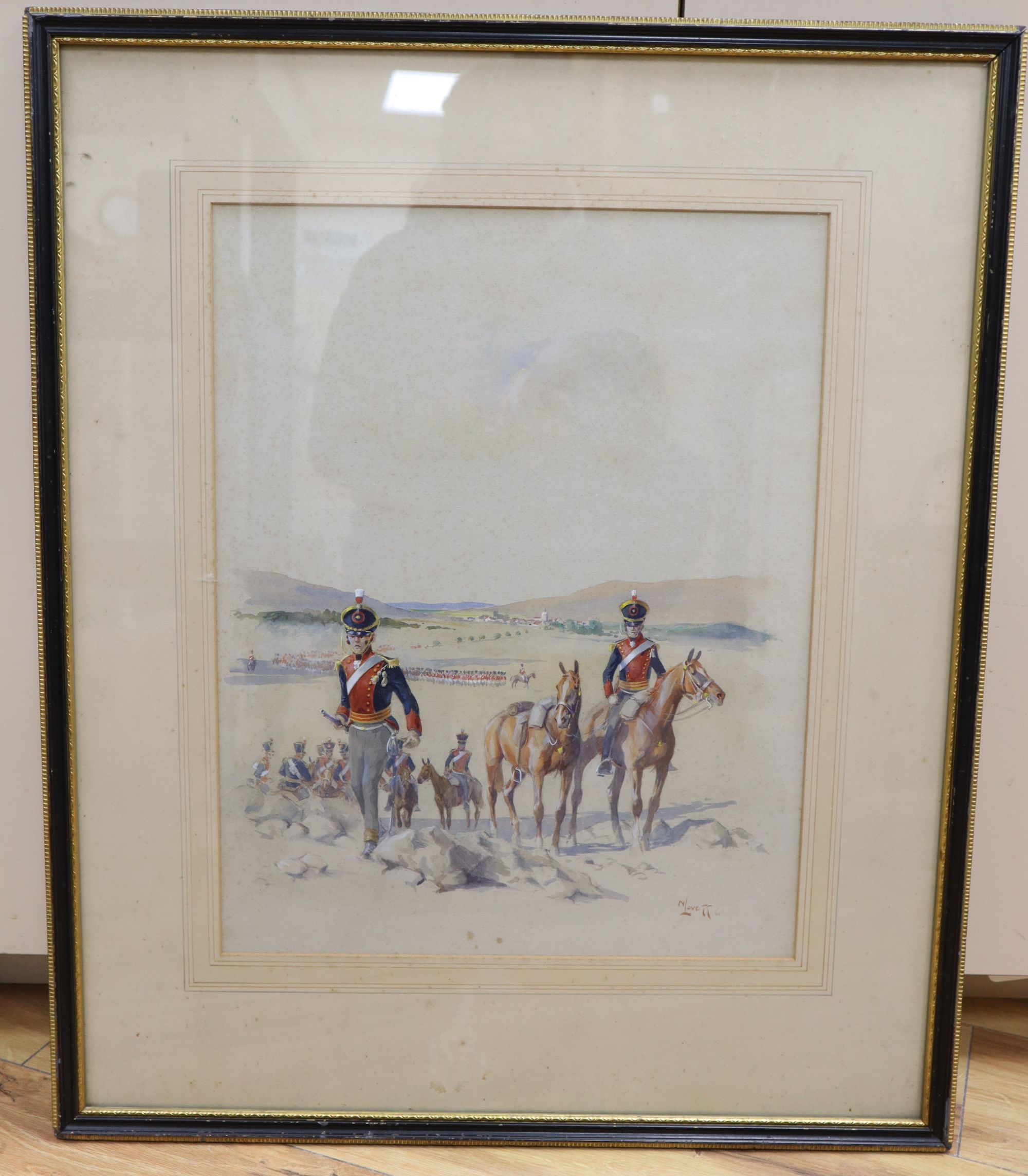 Nigel Lovett, watercolour, 9th Light Dragoons 1811, signed and dated 61, 47 x 37cm